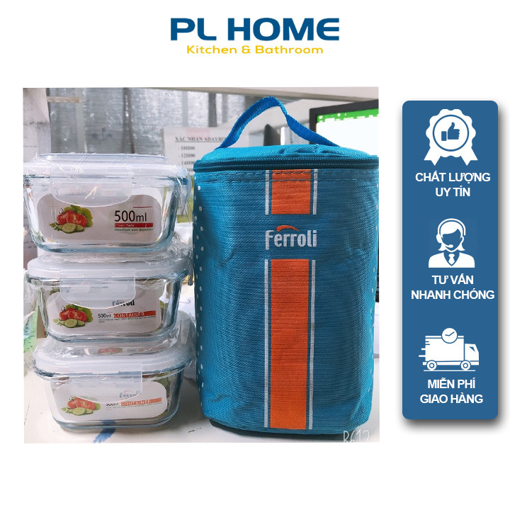 Hộp cơm thủy tinh giữ nhiệt ferroli, đựng cơm văn phòng tặng kèm túi giữ nhiệt