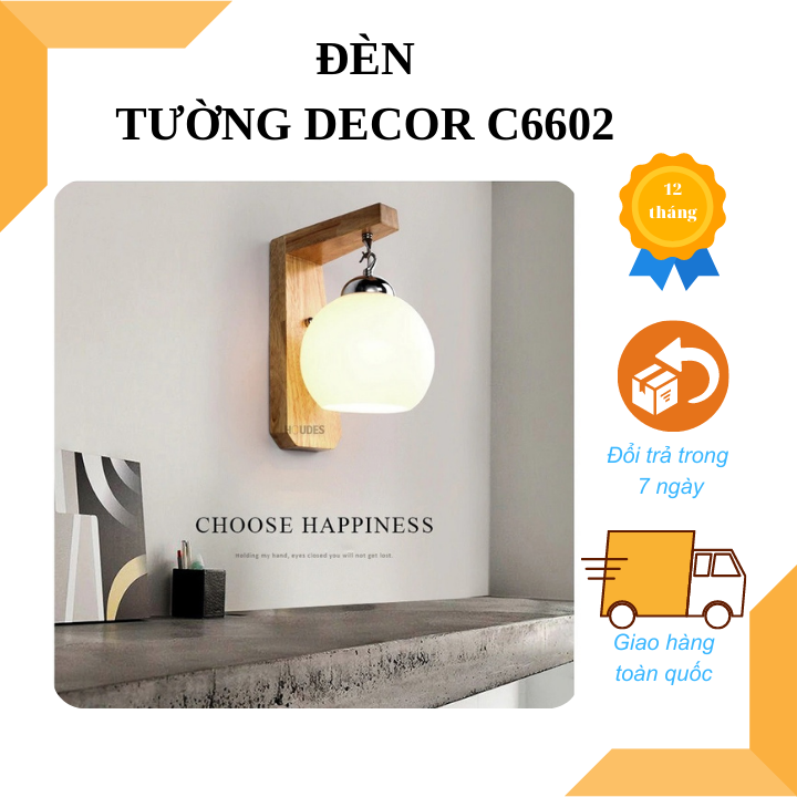 Đèn ngủ treo tường C6602 đế gỗ, chao thủy tinh, dùng bóng đui xoáy E27, trang trí phòng khách, phòng ngủ, hành lang, cầu thang, bảo hành 12th