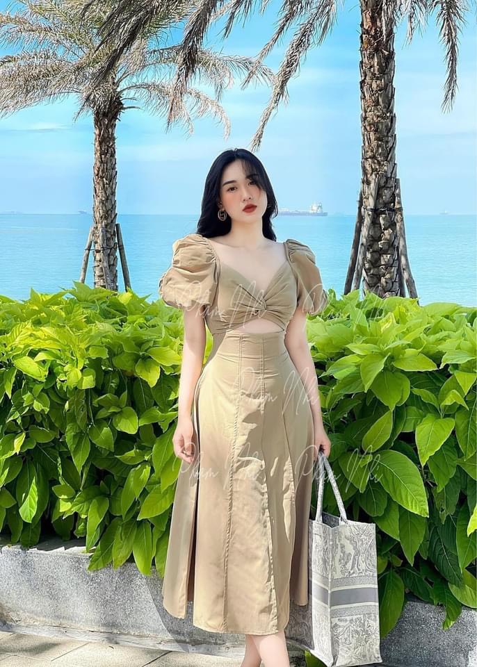 Váy xoắn ngực li dọc tay bồng
