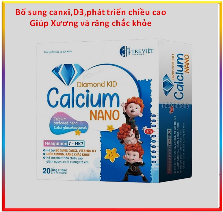 Ống  Uống Calcium Nano MK7 Daimond Kid Bổ Sung Cacil Vitamin D3, Giúp Xương , Răng Chắc Khỏe Hỗ trợ Phát TRiển Chiều Cao giảm Nguy Cơ Còi Xương Trẻ Nhỏ - Hộp 20 ống