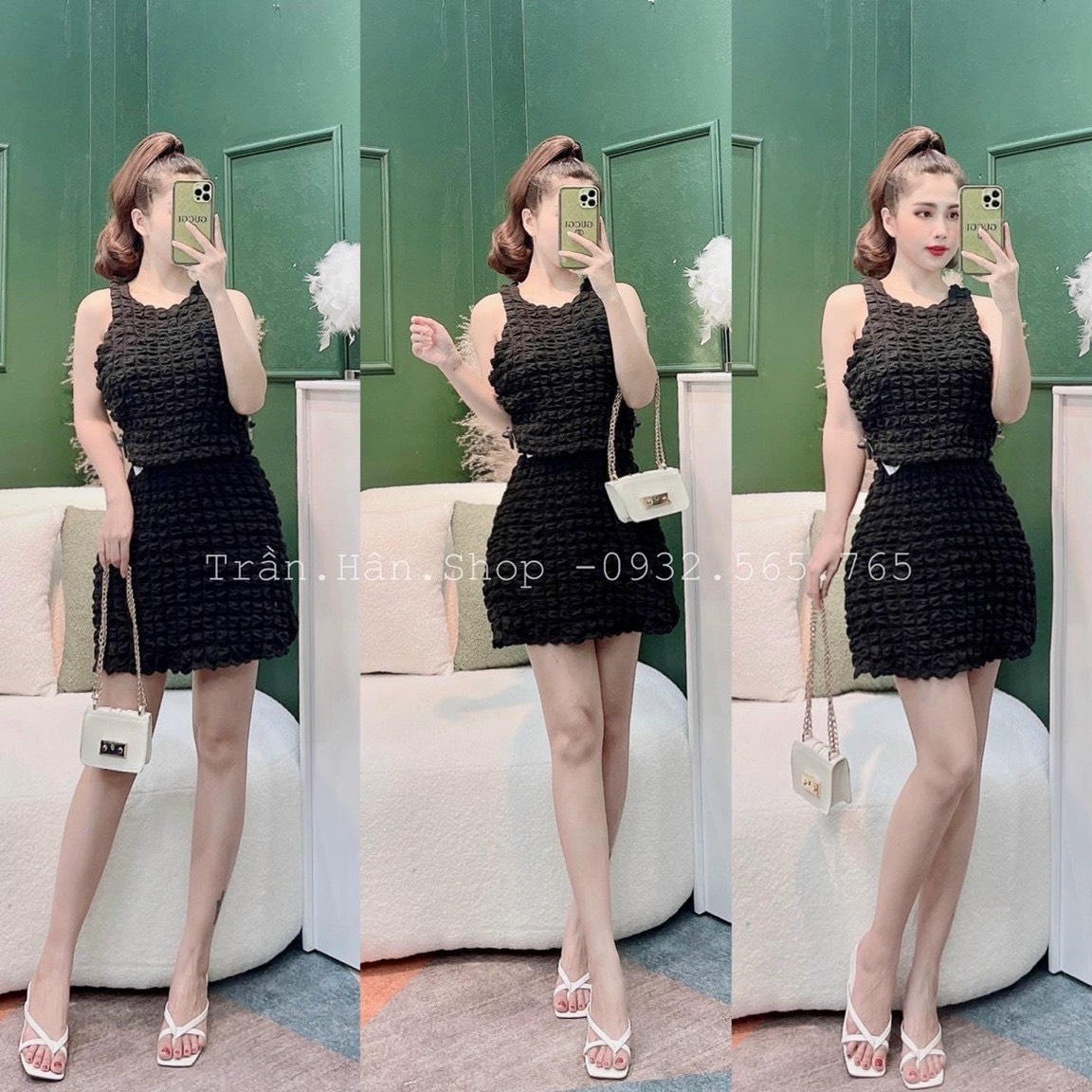 Set bộ áo croptop ba lỗ phối chân váy bozip cực kì tôn dáng chất bao đẹp