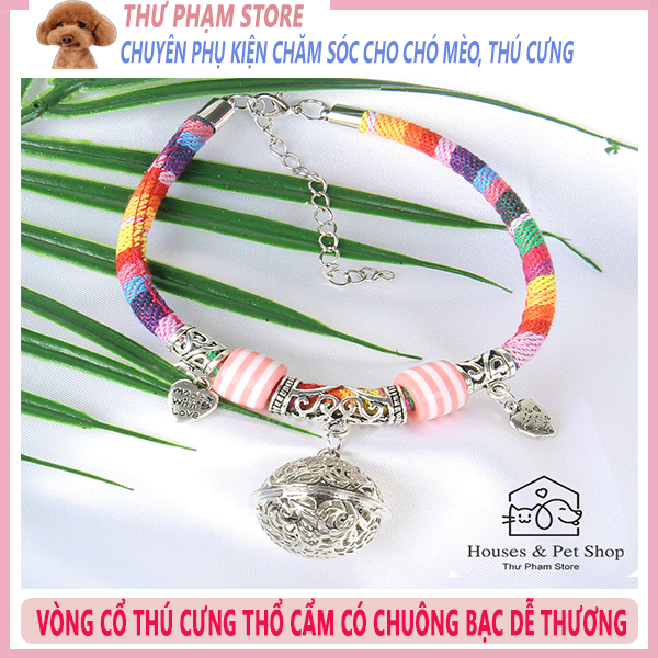 Vòng cổ cho Chó Mèo thú cưng có chuông Bạc dây bằng thổ cẩm 7 màu Cầu Vồng Cao Cấp