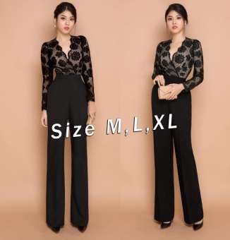 Jumpsuit - Đồ bay dài ống suông cổ V phối ren sang trọng