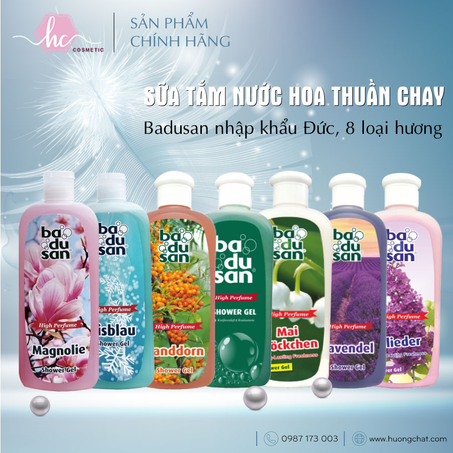 Sữa tắm nước hoa thuần chay Organic Badusan nhập khẩu Đức, 8 loại hương nàng yêu - Hương Chất Cosmetic