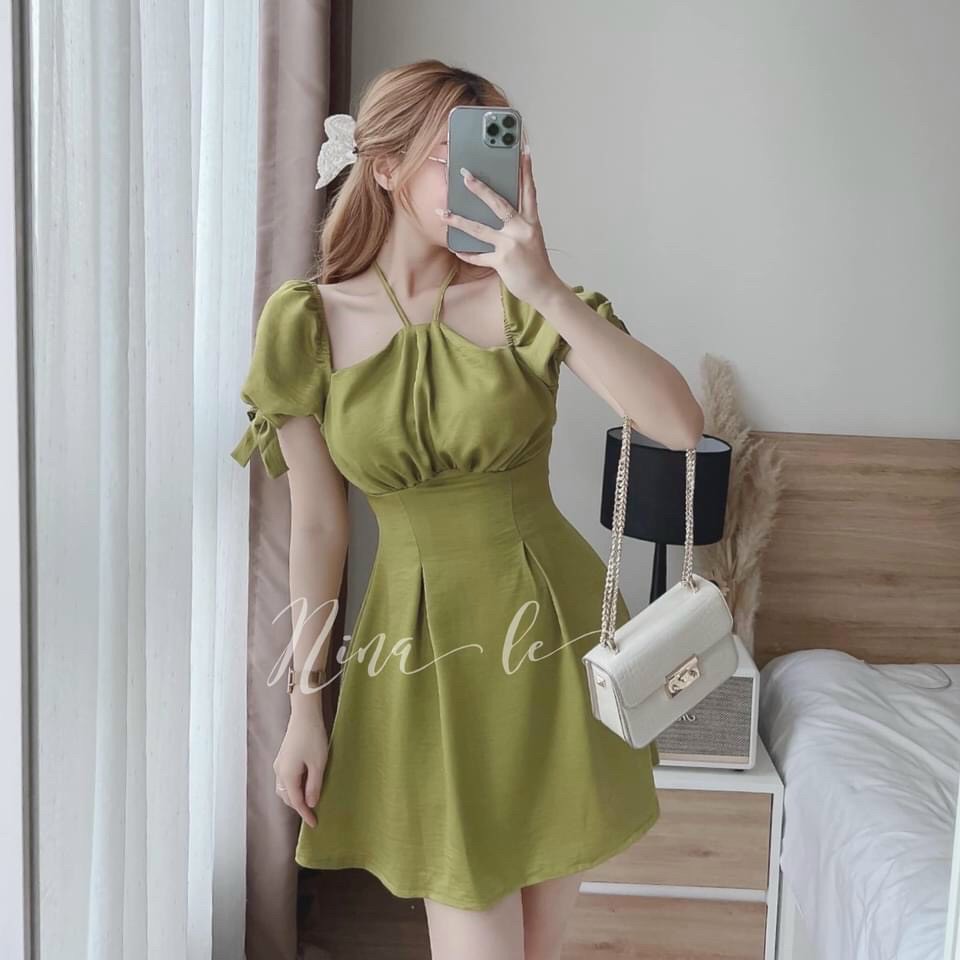 [ Voucher 50k Freeship Max 0 đồng toàn quốc ] Đầm tiểu thư tay phồng váy nữ đi tiệc dáng xòe bồng đầm cổ yếm tay phồng đầm nữ đi tiệc chất vải lụa dày dặn đáng yêu