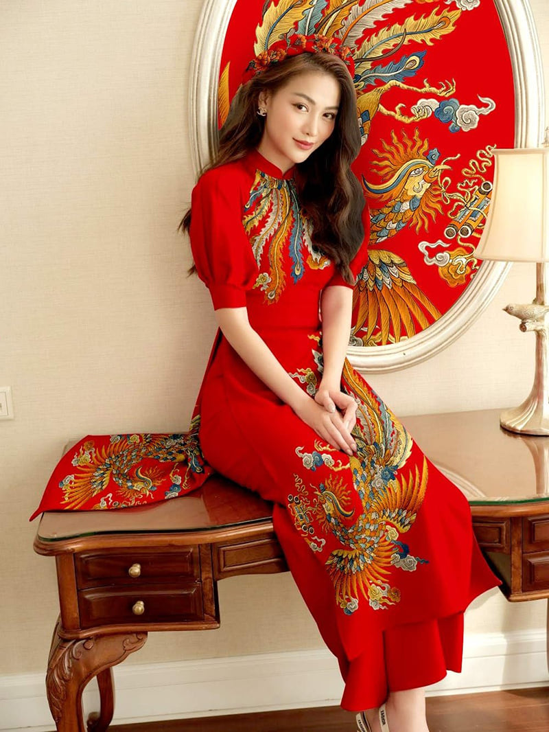 Áo dài cách tân in hình chim phụng áo dài cách tân vải lụa mango cao cấp co giãn nhẹ thoải mái áo dài cách tân cao cấp áo dài truyền thống cao cấp