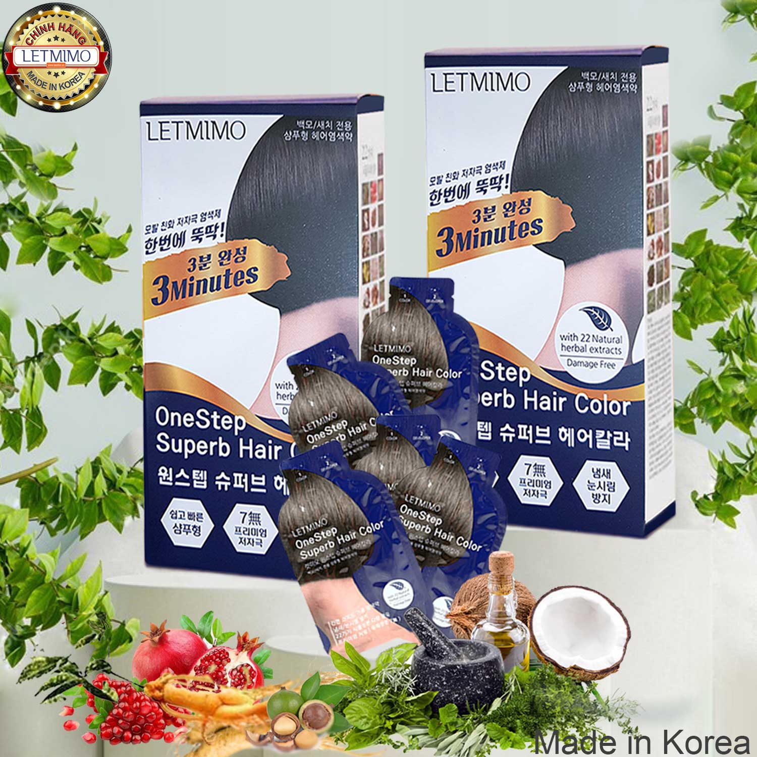 Gội nhuộm , gội là đen , nâu tự nhiên combo 2 hộp = 10 gói, letmimo onestep superb hair color