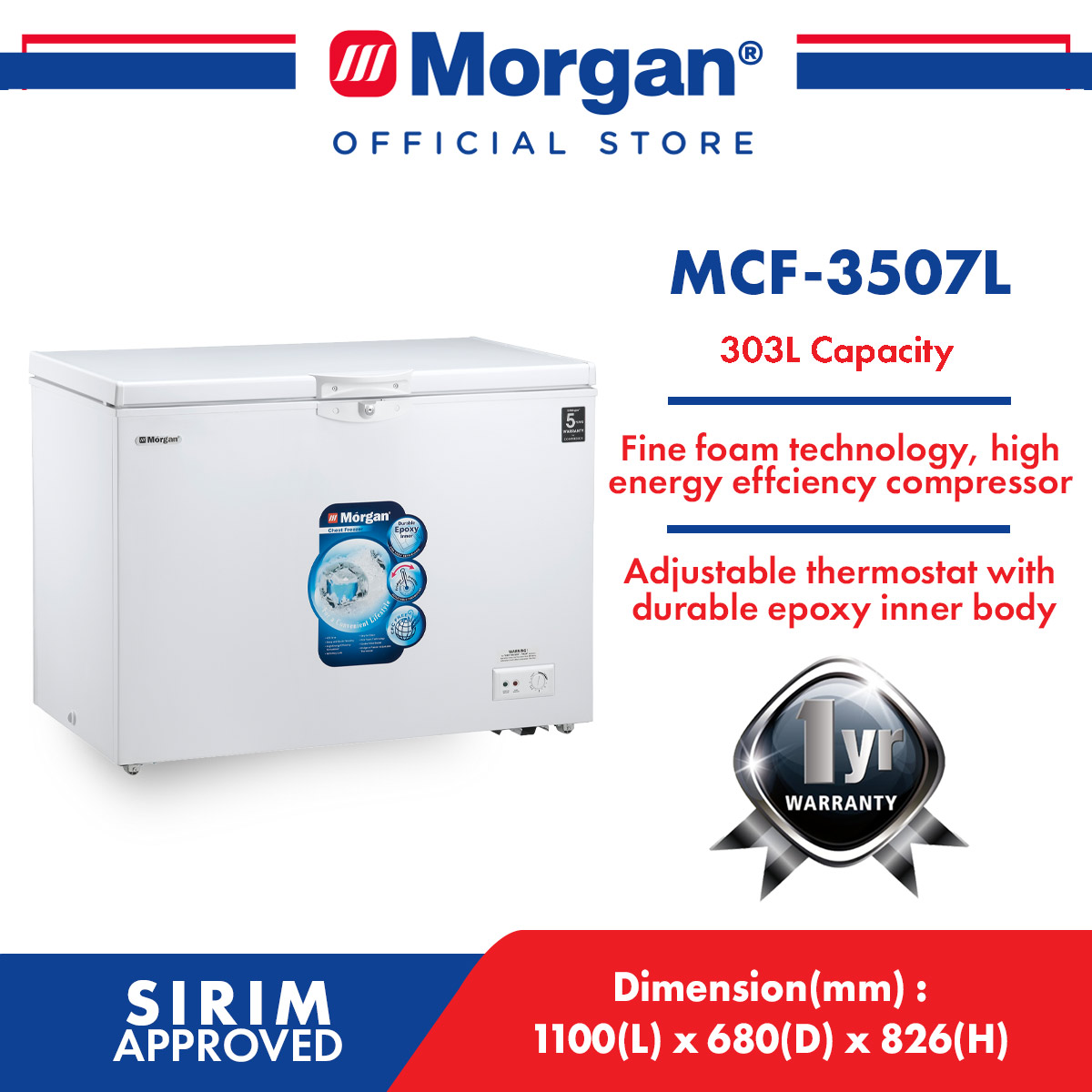 MORGAN MCF-3507L CHEST FREEZER 303L