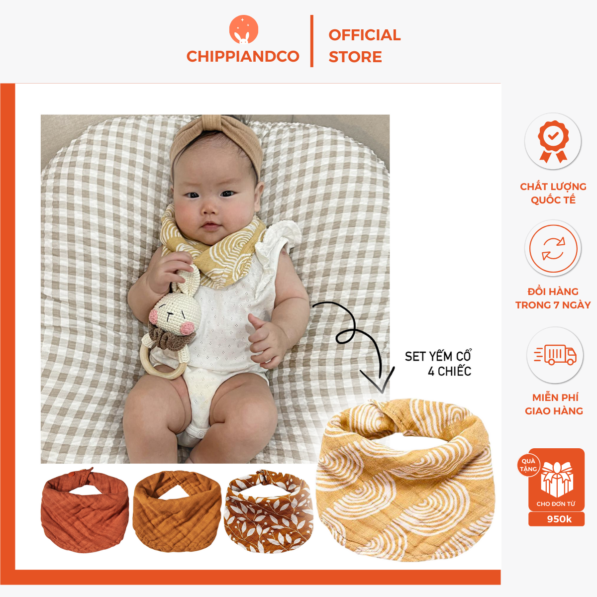 Khăn yếm cổ ăn dặm Chippico 2 lớp 2 cúc bấm chống thấm giữ ấm cổ cho bé