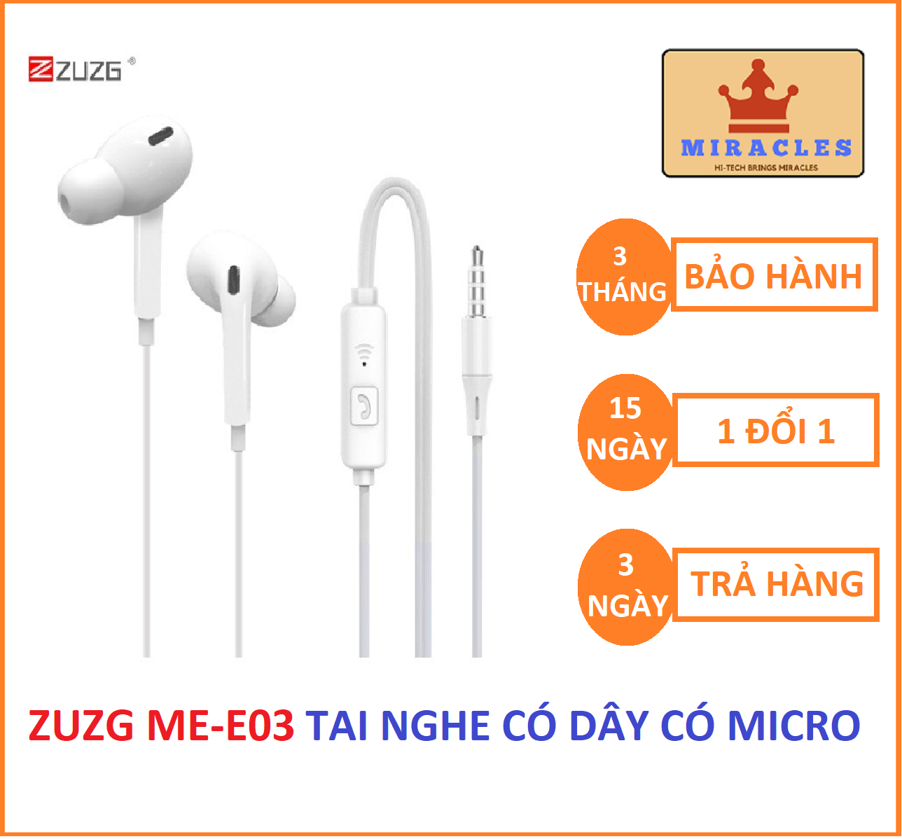 Tai nghe có dây nhét tai zuzg me-e03 tích hợp micro đàm thoại