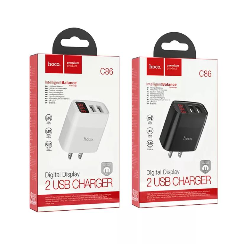 Cốc sạc nhanh,cóc sạc nhanh 2.4a hoco c86 2 cổng usb màn hình led - dành cho mọi thiết bị.