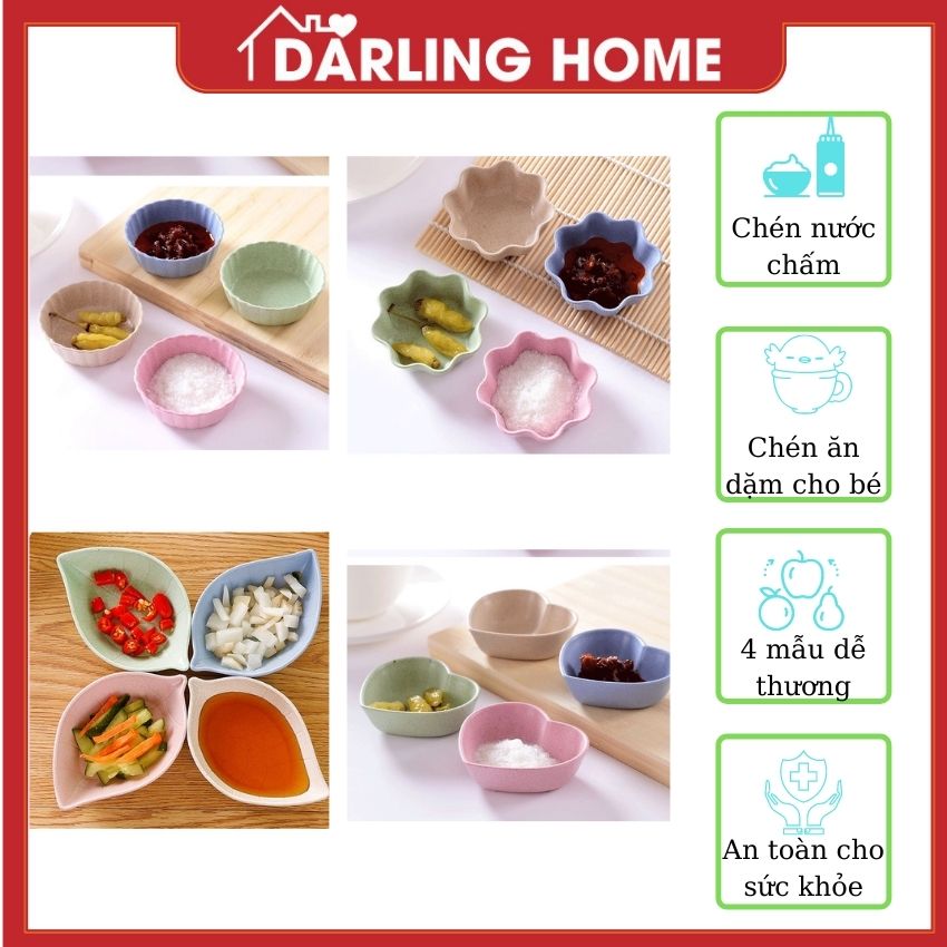 [FREESHIP+QUÀ]Combo 4 Chén nước chấm làm từ lúa mạch  LM01 đựng gia vị đựng nước mắm đựng nước sốt, làm chén ăn dặm cho bé với bốn hình dễ thương gồm hình Lá, Trái tim, Bông Hoa và Tròn Vân - Darling Home