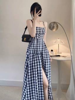 ĐẦM MAXY 2 DÂY SỌC CARO XẺ TRƯỚC SIÊU XINH