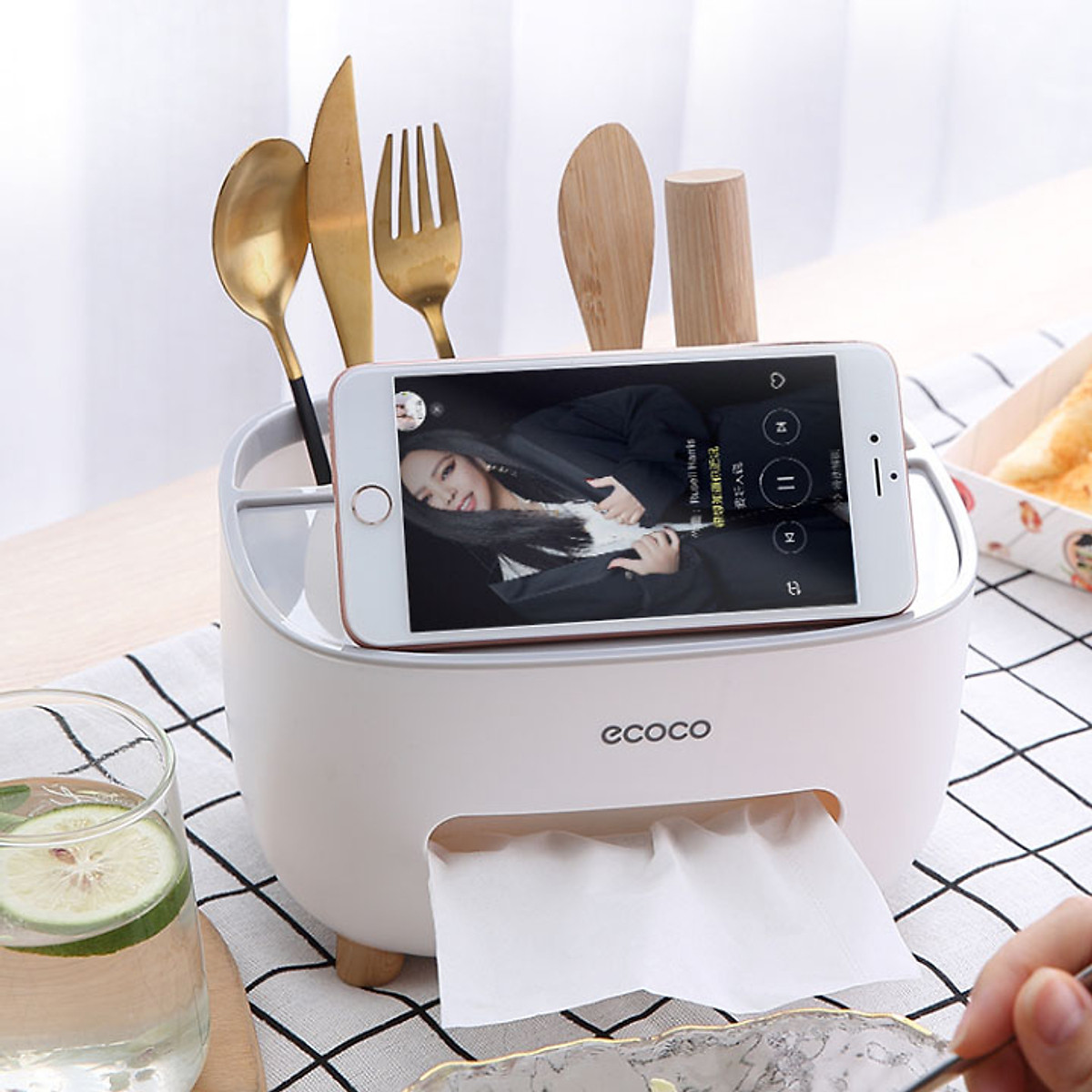 Hộp đựng giấy ăn ecoco, hộp giấy ăn ecoco kiêm giá để đồ bàn làm việc thông minh, chân gỗ chống trơn trượt.