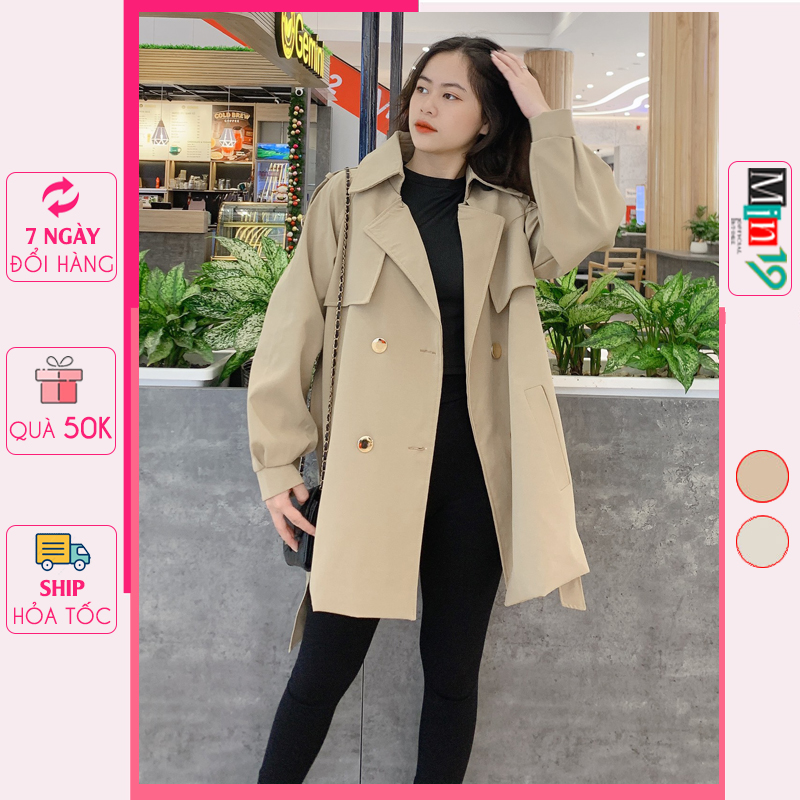 Áo Măng Tô Nữ Hàn Quốc Dáng Dài Kèm Đai 2 Lớp Form Rộng Bigsize Túi Nắp Cá Tính Màu Nâu Be Thời Trang