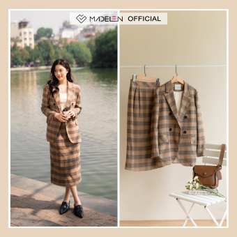 Set áo blazer kẻ caro be và chân váy kẻ caro be mix set MADELEN