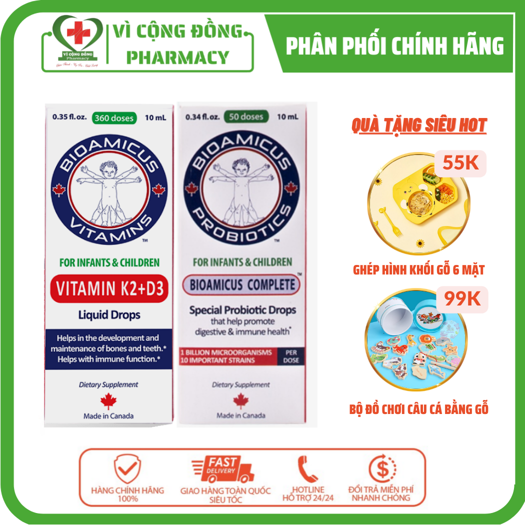 [MUA 1 TẶNG 1] Bộ đôi Bioamicus men vi sinh 10 chủng và D3 K2 20ml giúp ổn định hệ tiêu hóa, phát triển chiều cao nhờ bổ sung d3 tăng hấp thu canxi, bé ăn ngon, chống còi xương, tăng miễn dịch đề kháng - vì cộng đồng pharmacy