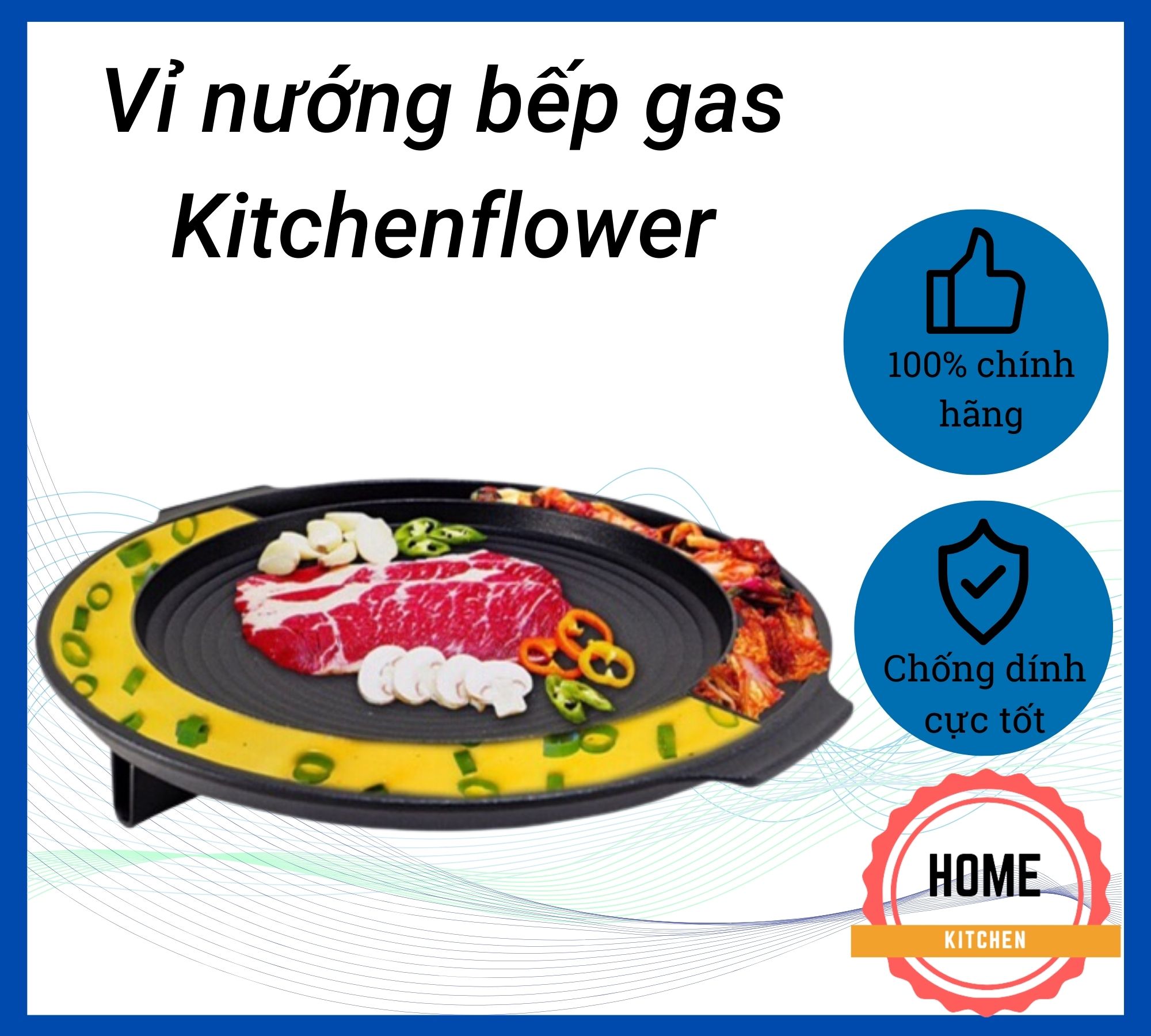 Vỉ nướng chống dính bếp gas Kitchenflower Hàn Quốc. Khay nướng dày dặn siêu bền. Có thể làm chảo nướng, chảo rang, chảo lẩu. Bảo hành 12 tháng