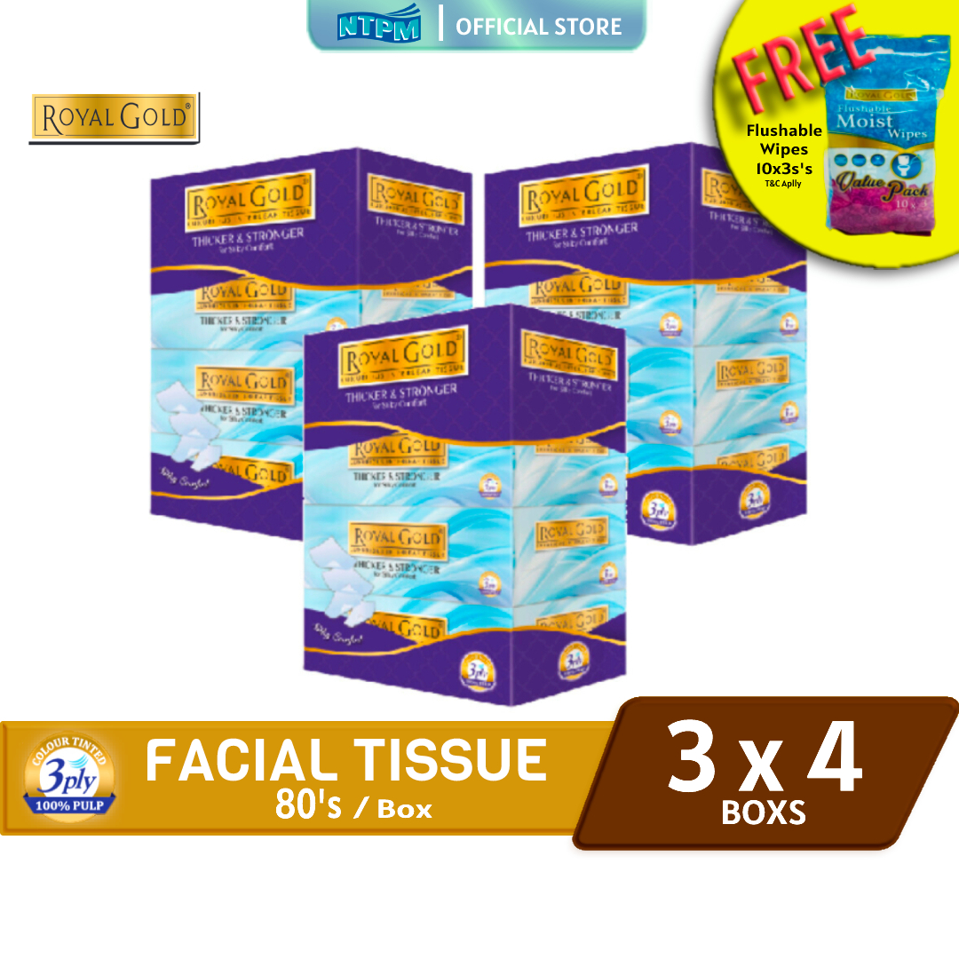 Royal Gold Luxurious Facial Tissue 4 boxes X 80 sheets – 3 Packs - FREE Royal Gold Flushable Wipes (10'sx3)