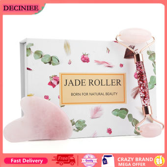 DECINIEE Roller Set Facial Massage Natural Jade Roller Gua Sha Set Jade Scraper Rose Quartz Stone Face Lift Massager Beauty Tool