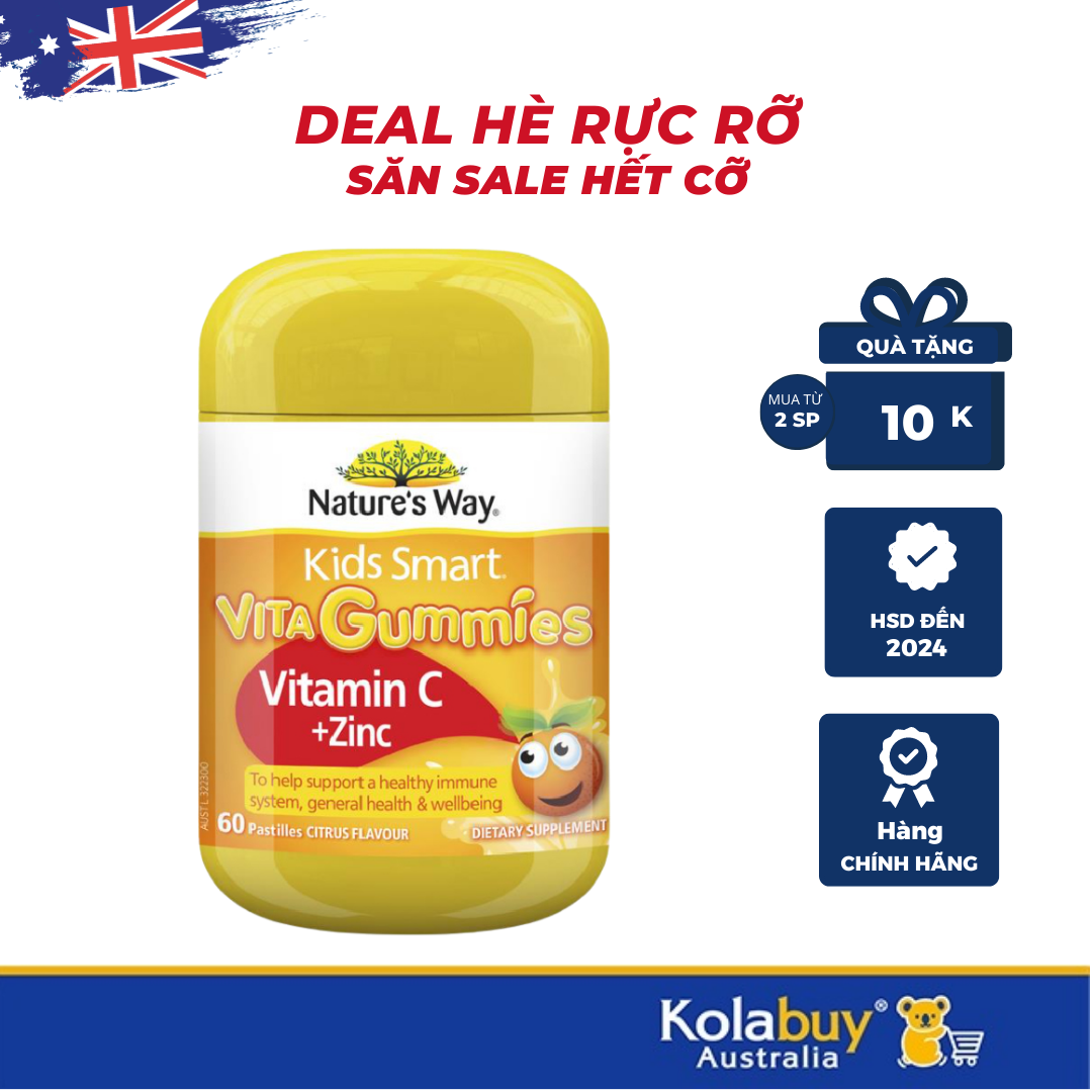 Kẹo dẻo Bổ sung Vitamin cho bé của Úc Nature's Way Kids Smart Vita Gummies Vitamin C + Zinc 60 Viên