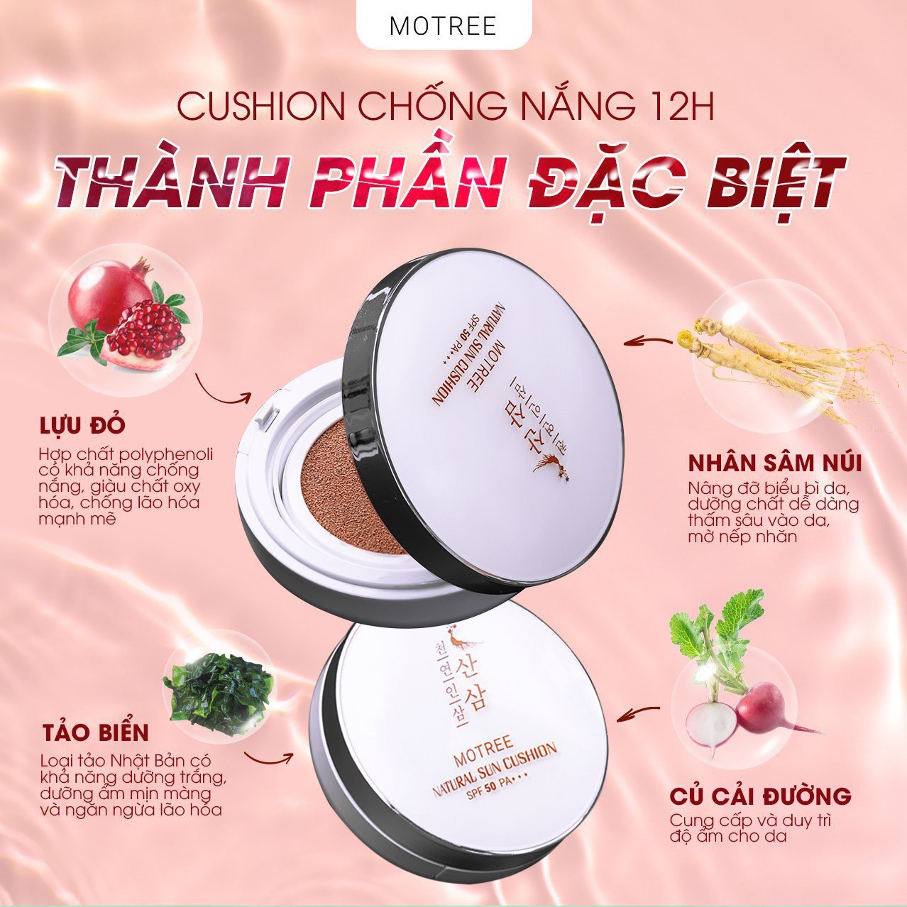 Phấn Phủ Cushion Lựu Sâm Motree 15g Chính Hãng chống nắng che khuyết điểm SPF 50++ makeup