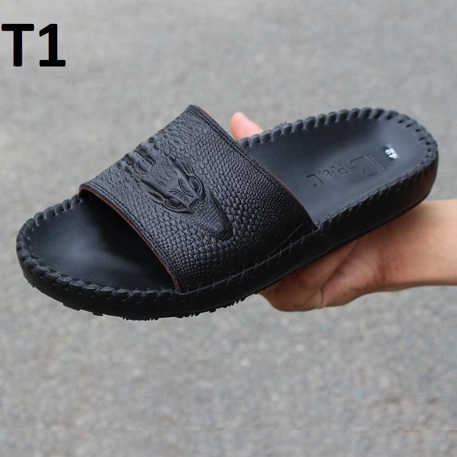 Dép nam quai ngang da bò dập vân cá sấu chìm cao cấp