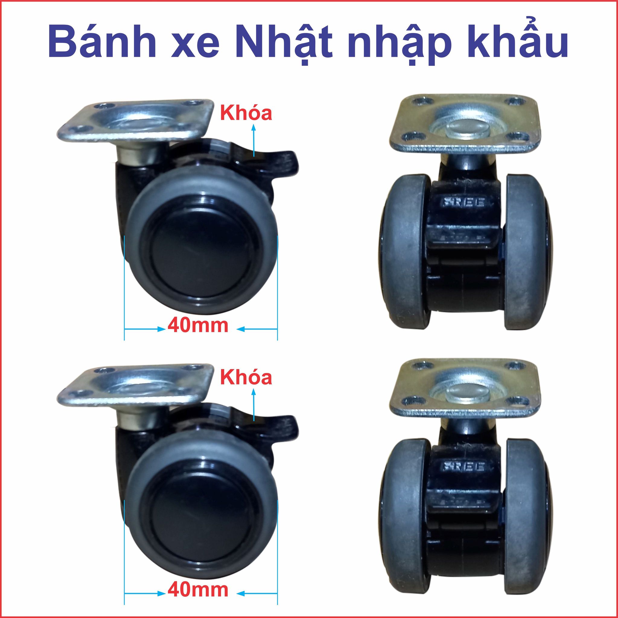 Bộ 4 bánh xe 40mm hàng nhập Nhật Bản nội địa, bánh xe cho loa kéo, xe đẩy, tủ nhôm, tủ gỗ