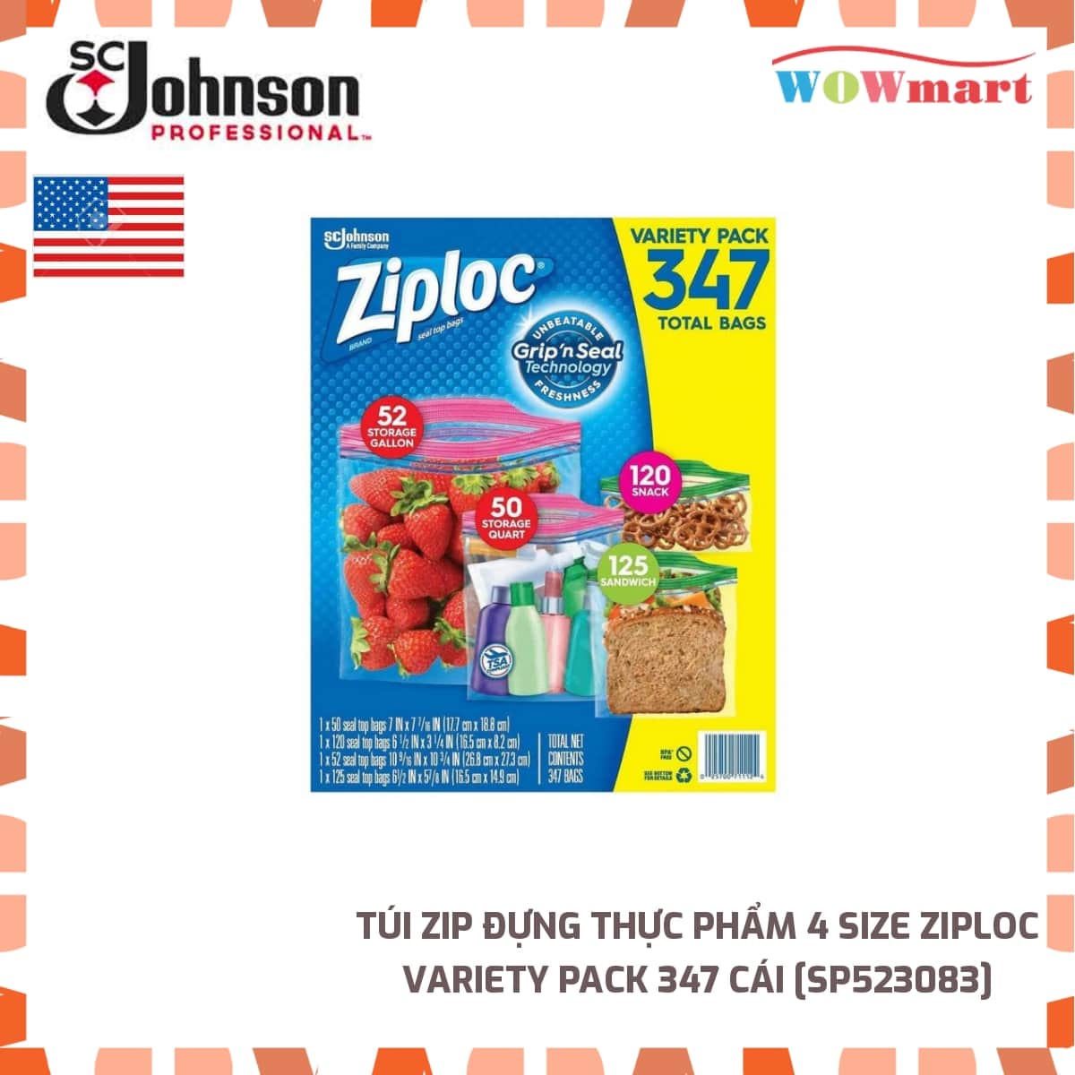 Túi zip đựng thực phẩm 4 size Ziploc Variety Pack 347 cái