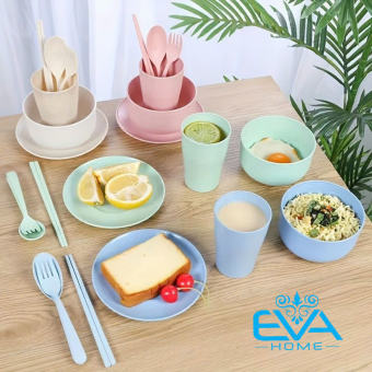 Bộ Chén Dĩa Kèm Ly Và Đũa Muỗng Nĩa Nhựa Lúa Mạch Màu Pastel An Toàn