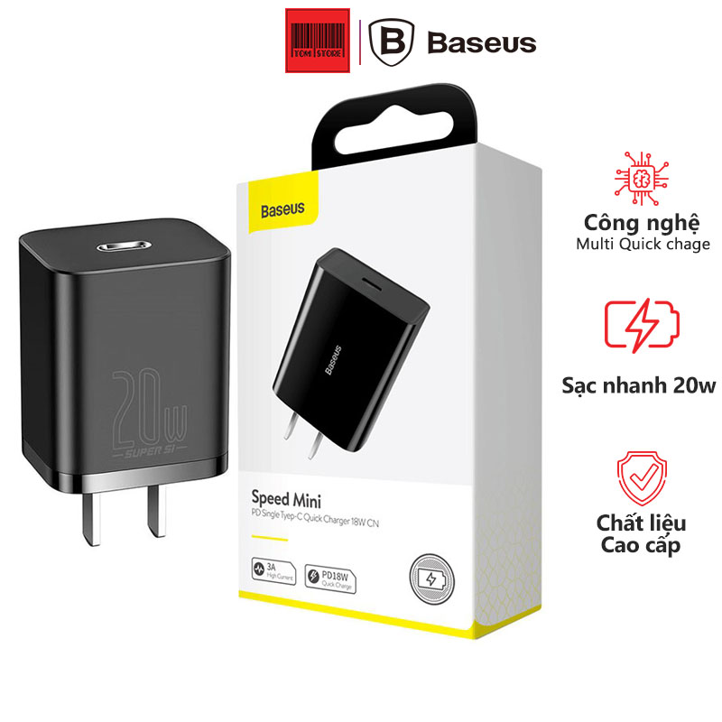 Củ sạc nhanh 20w Baseus Speed Mini Type C Quick Charger 1C, cốc sạc nhanh 1 cổng type c hỗ trợ sạc nhanh 20w cho iphone, ipad