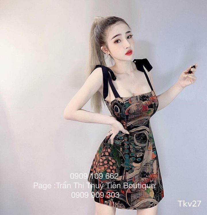 [Mẫu Hot] Đầm Body Hai Dây Cột Nơ Họa Tiết Hình 3D ( Có Mút Ngực ) Thời Trang Kiểu Cách Đi Chơi, Đi Dự Tiệc D.ONE FASHION, Mẫu Free Size (40-55Kg) Mặc Vừa