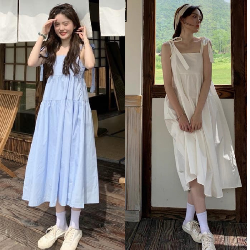 Đầm babydoll nữ 2 dây to thắt nơ dáng dài váy hai dây babydoll thô thắt nơ . Váy đi biển dáng dài 3 tầng tiểu thư KHO SỈ VN