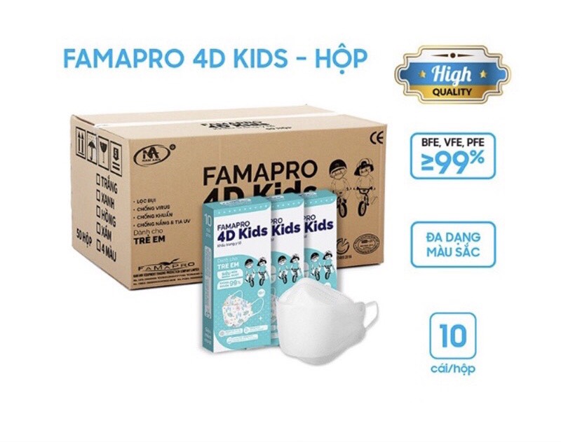 10 cái khẩu trang trẻ em Famapro 4D Kids/khẩu trang Nam Anh/Khẩu trang cho bé 4-10 tuổi (1 hộp)