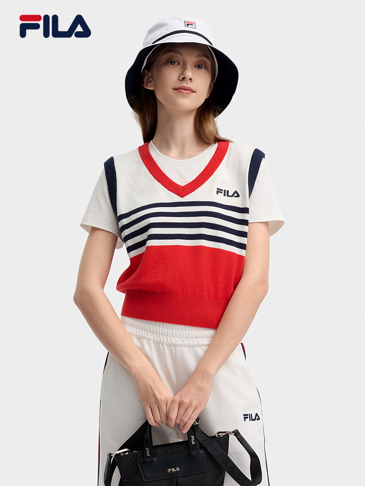 [NEW COLOR!] FILA CORE LIFESTYLE ORIGINALE FRENCH TENNIS CLUB Women Short Sleeve T-shirt + Sleeveless Knit Vest Set (Red / Blue)