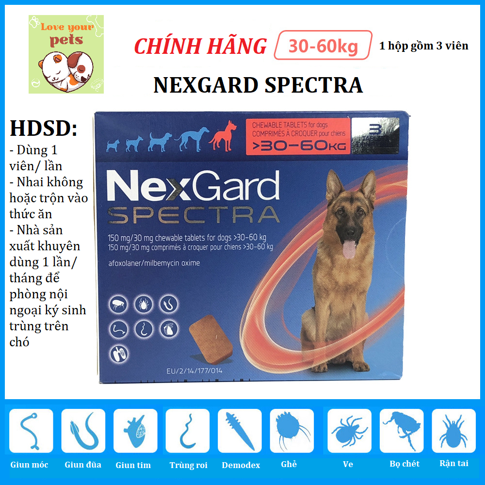 [FREESHIP] Viên Uống Nexgard Spectra Ve Ghẻ, Xổ Giun Trên Chó 30-60kg