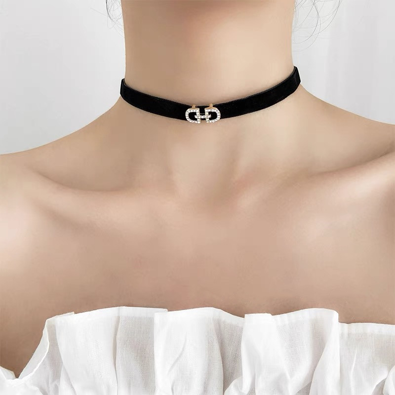 Bộ Vòng Cổ Kim Cương Chữ D Đôi Vòng Cổ Dây Chuyền Xương Đòn Chất Liệu Vải Nhung Vòng Cổ Ngắn Thời Trang
