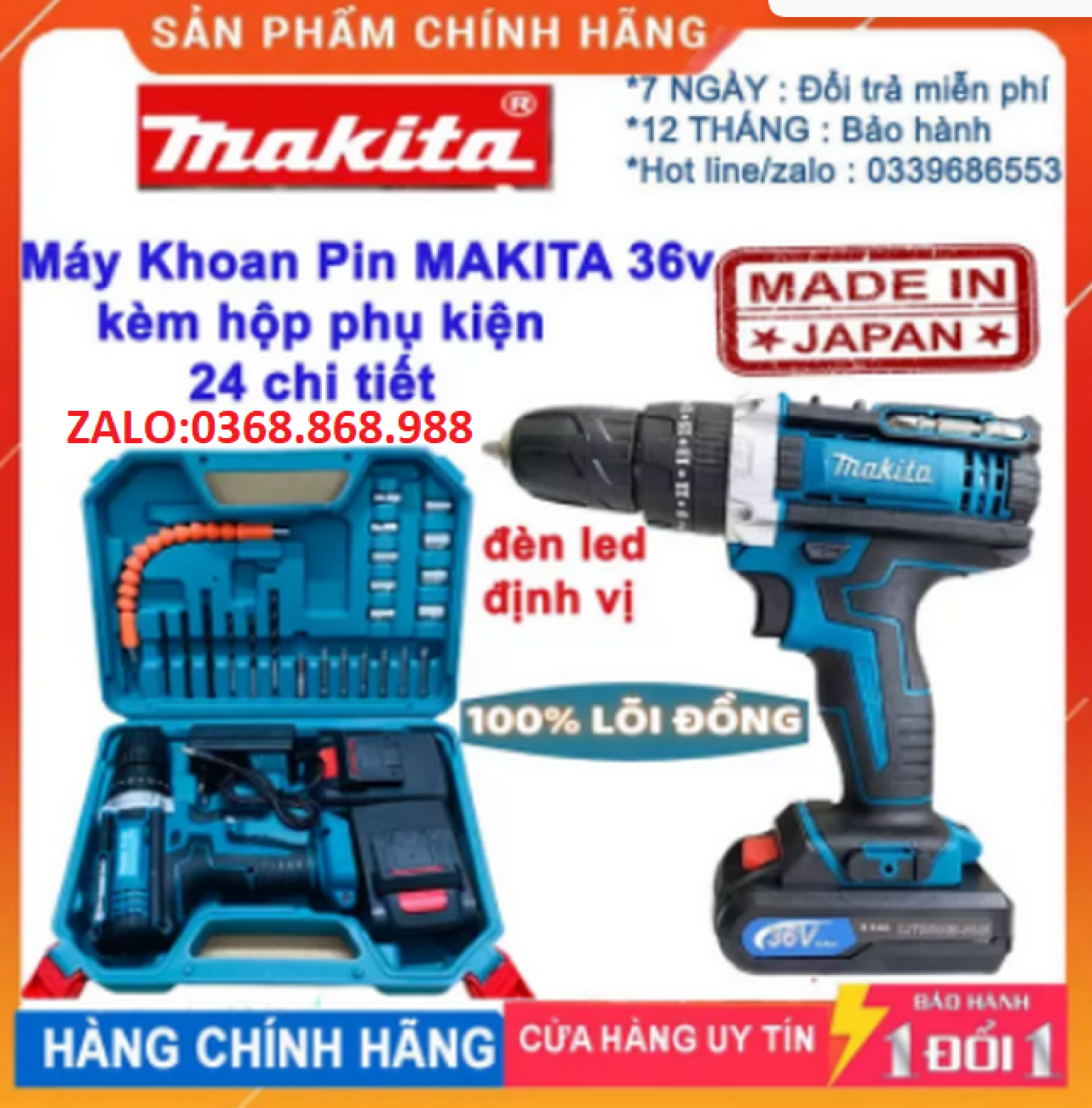 Máy khoan pin makita 36v có búa - 3 chức năng khoan vít búa - 24 phụ kiện motor lõi đồng 100%