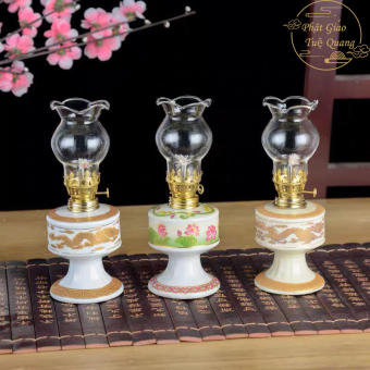 Đèn dầu kim sa, đèn dầu sen,đèn dầu rồng trắng, bằng sứ men cao cấp - phật giáo tuệ quang