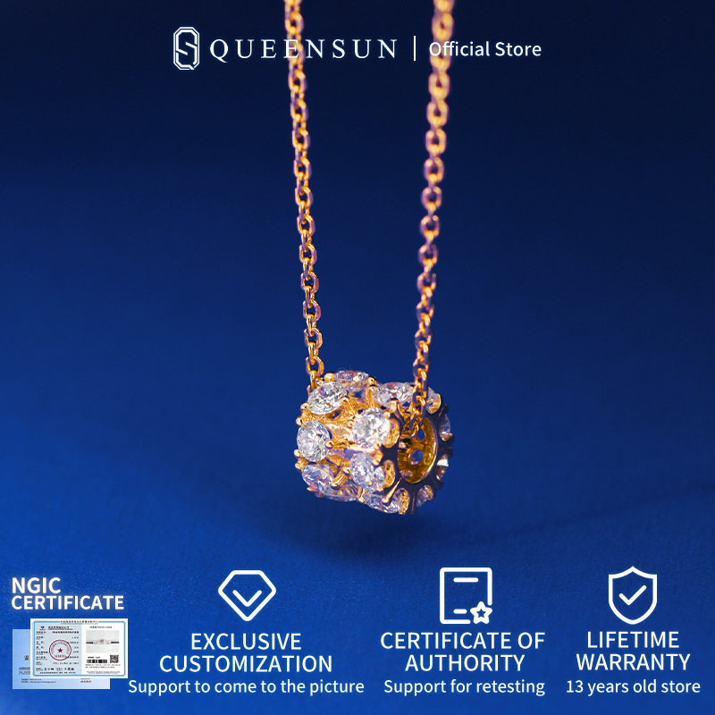QUEENSUN 18K gold Lab Grown Diamond necklace for women, high-end and light luxury pendant，Rotate to increase luck bead necklace， Lulutong Fortune Bead Necklace