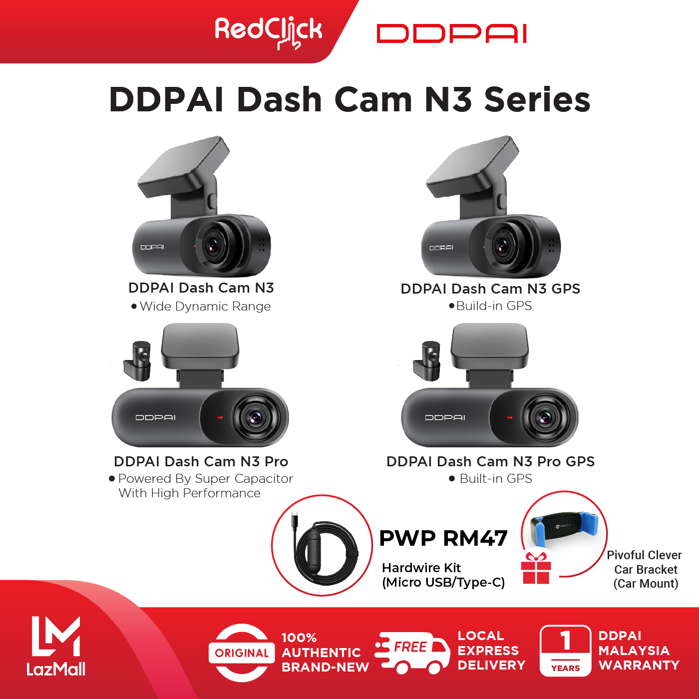 DDPAI Dash Cam Mola N3 / N3 GPS / N3 Pro Dual / N3 Pro GPS Dual 2K Ultra HD Resolution Infrared Night Vision Two-Fold Connector Cycle Recording Works With DDPAI App + Free Gift
