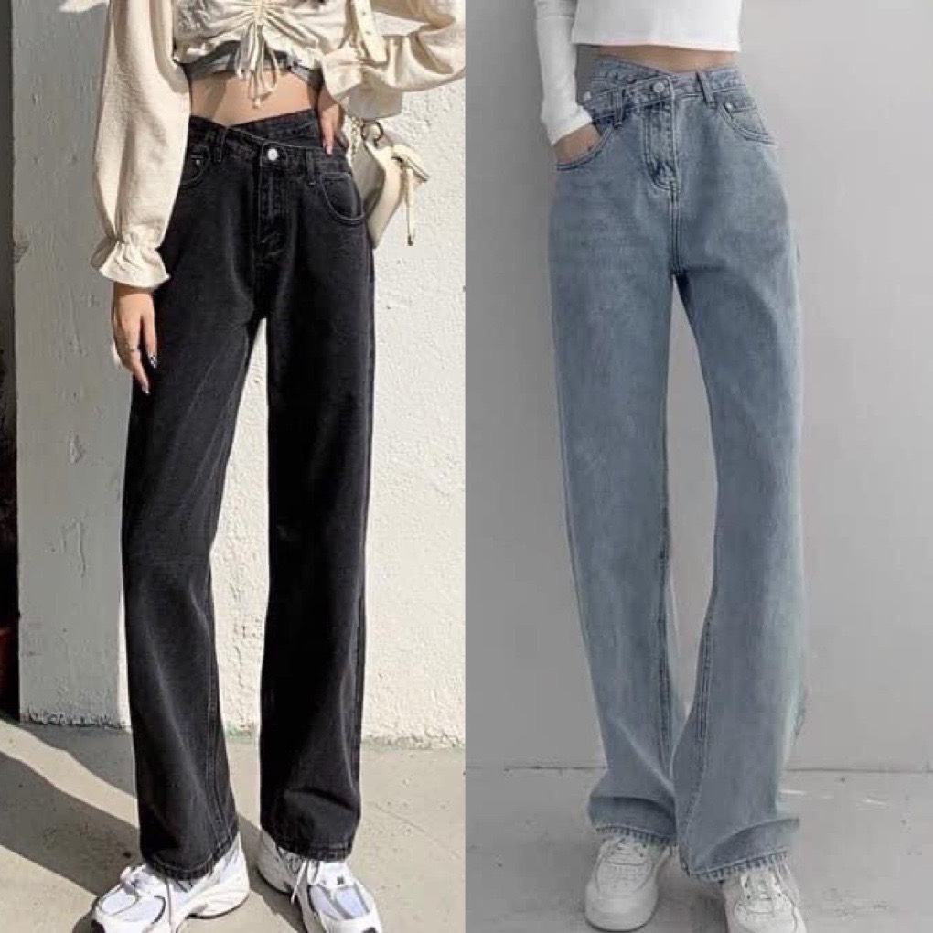 Quần jeans nữ ống rộng cạp chéo cách điệu lưng cao, quần bò nữ ống rộng, quần bò ống suông cạp cao, quần jean nữ dáng dài, quần baggy jeans đi học phong cách ulzzang hàn quốc, PHUONGMART