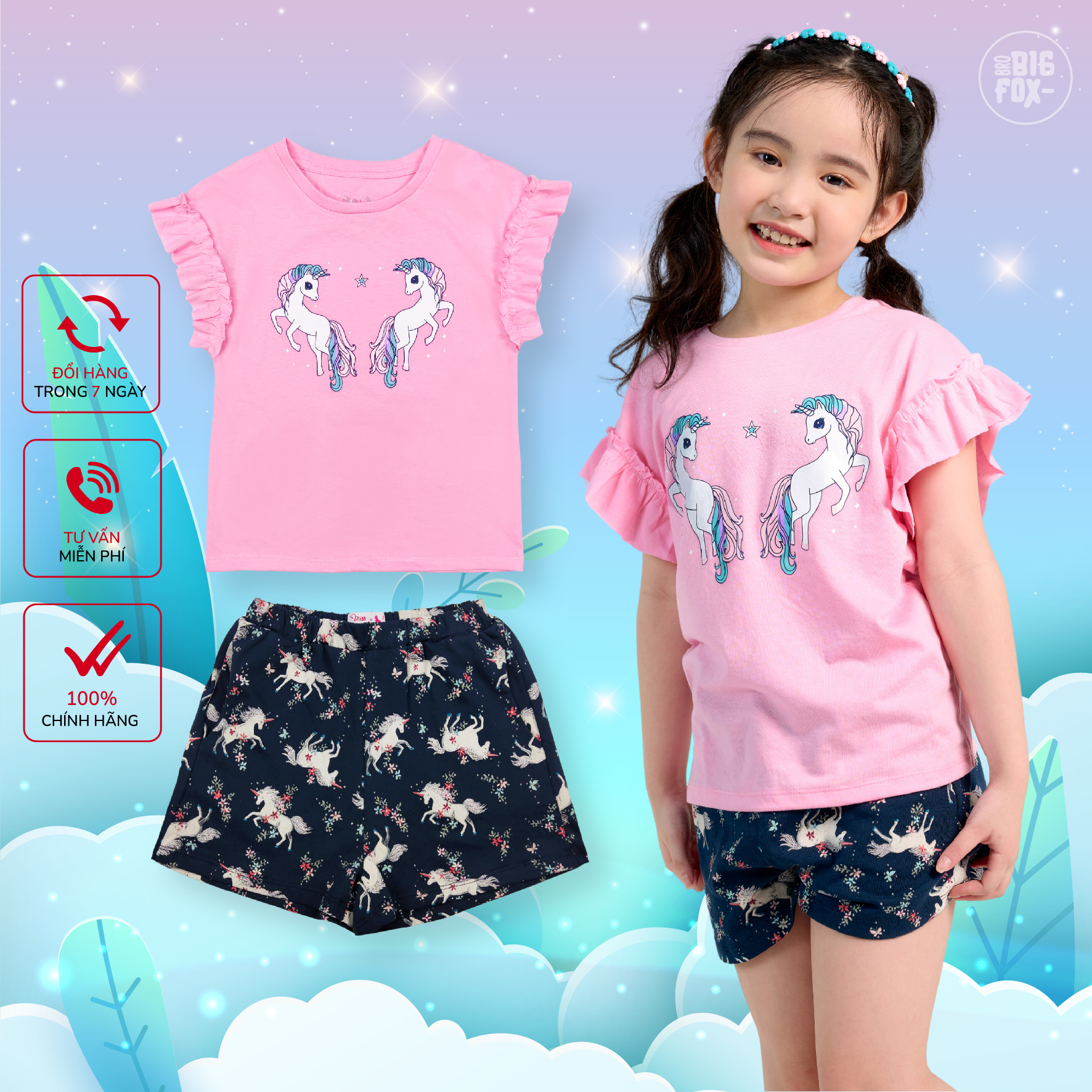 Quần áo bé gái size đại, đồ bộ bé gái chất cotton phong cách Hàn Quốc hình in ngựa hồng 11 – 40 kg QATE