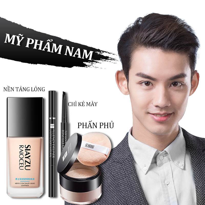 Thích hợp cho người mới bắt đầu - Mỹ phẩm nam Bộ 3 món Mỹ phẩm kiểm soát dầu hiệu quả cho nam (kem nền dạng lỏng + chì kẻ mày + phấn phủ)