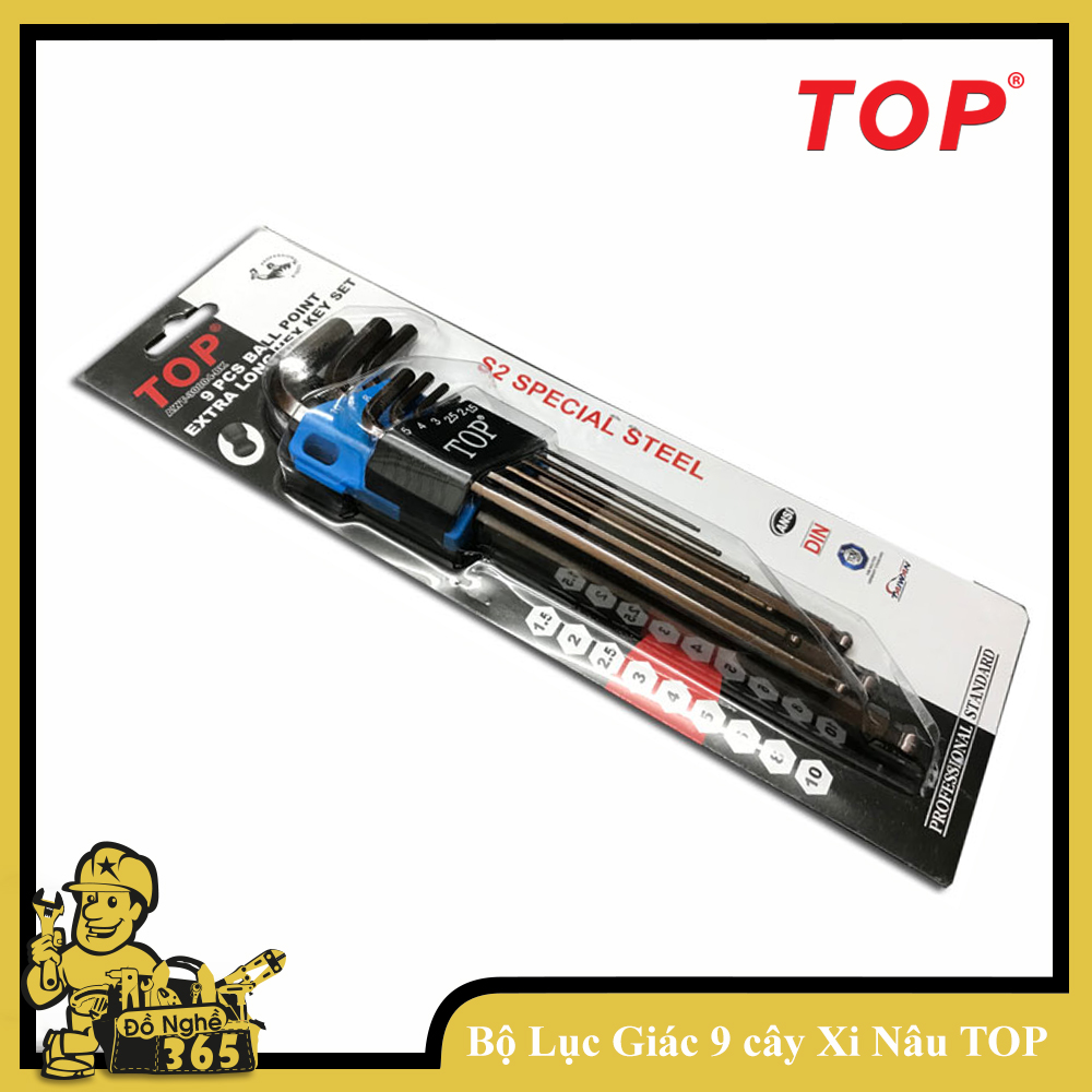Bộ lục giác 9 cây hệ mét xi nâu 1.5-10mm TOP  thép S2, có độ cứng và độ bền cao
