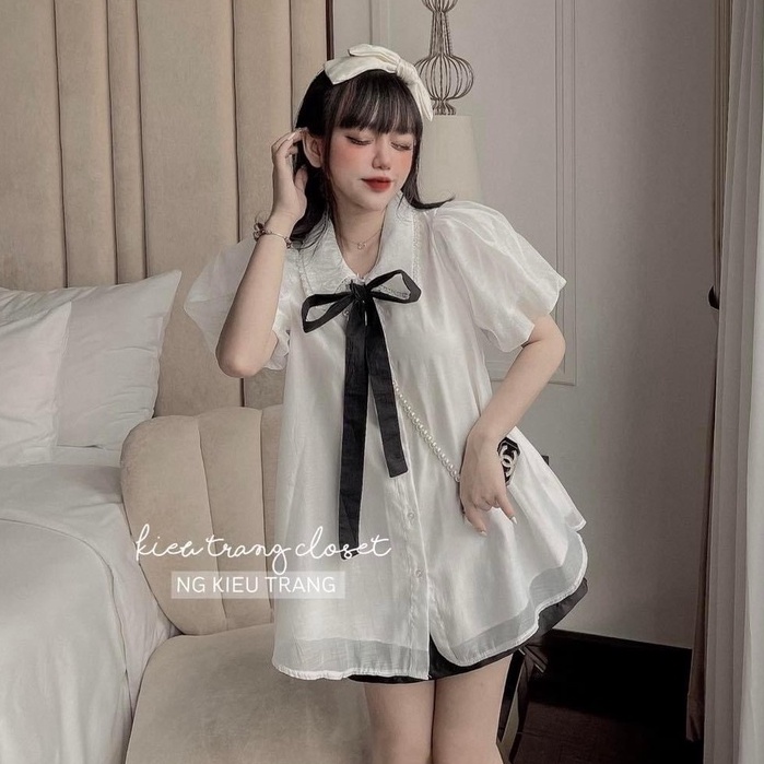 Áo sơ mi nữ babydoll ren tơ phối nơ cổ form rộng dáng xòe tiểu thư sang chảnh, áo nữ kiểu.