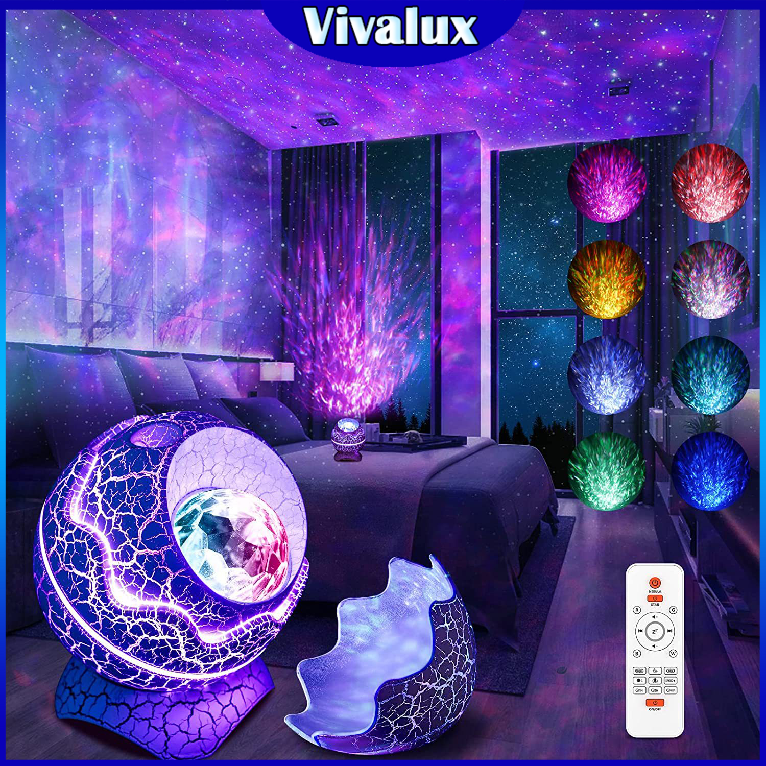 Vivalux Đèn LED Hình Trứng Khủng Long Bầu Trời Đầy Sao Đèn Tạo Không Khí Trong Nhà Âm Nhạc Bluetooth Đèn Nhiều Màu Xoay 360 Độ Hiệu Ứng Ánh Sáng Gợn Nước Đèn Phòng Thiên Hà