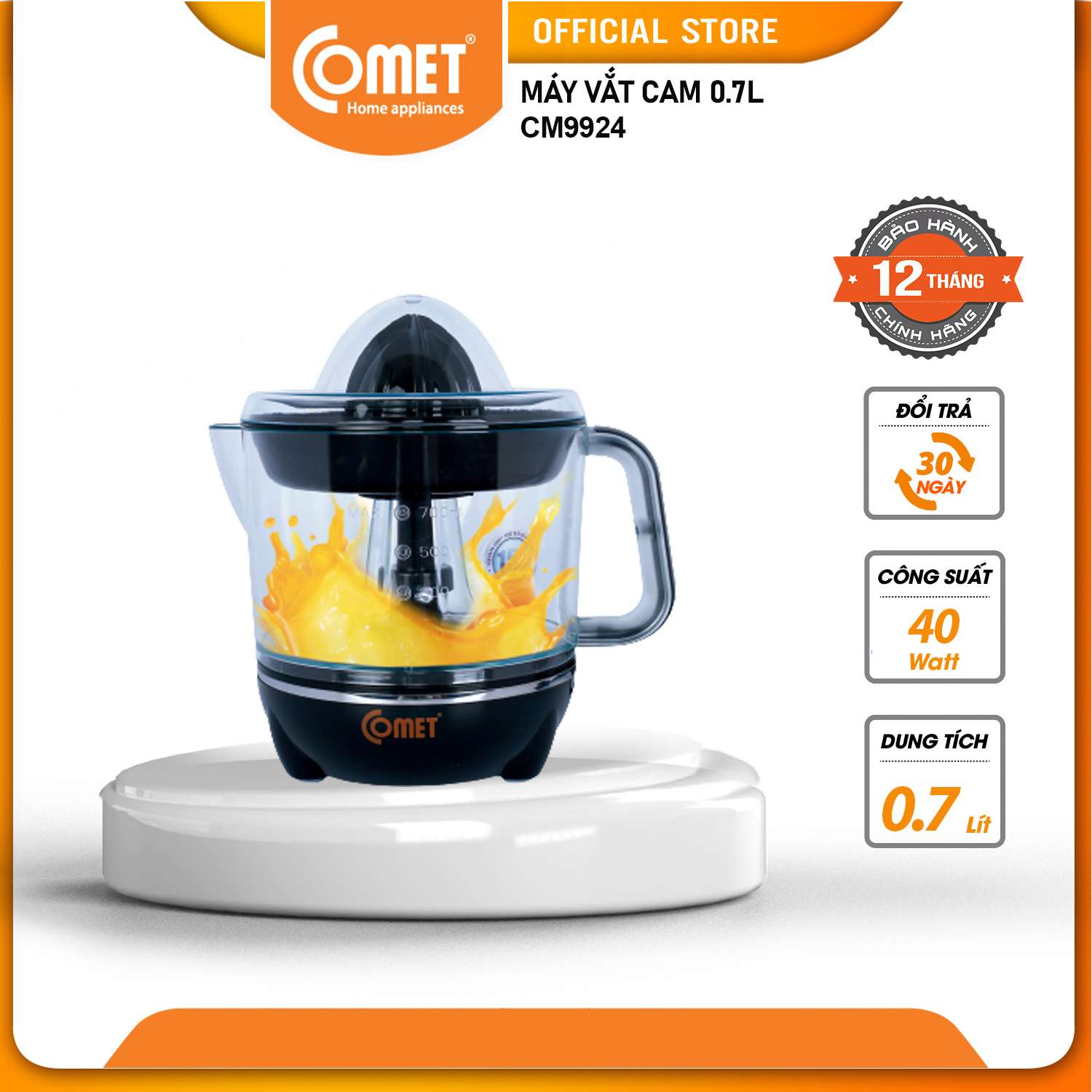 Máy vắt cam comet - cm9924 0.7l - công suất 40w - đầu xoay 2 chiều - dễ dàng tháo lắp và vệ sinh - bảo hành 12 tháng - hàng chính hãng