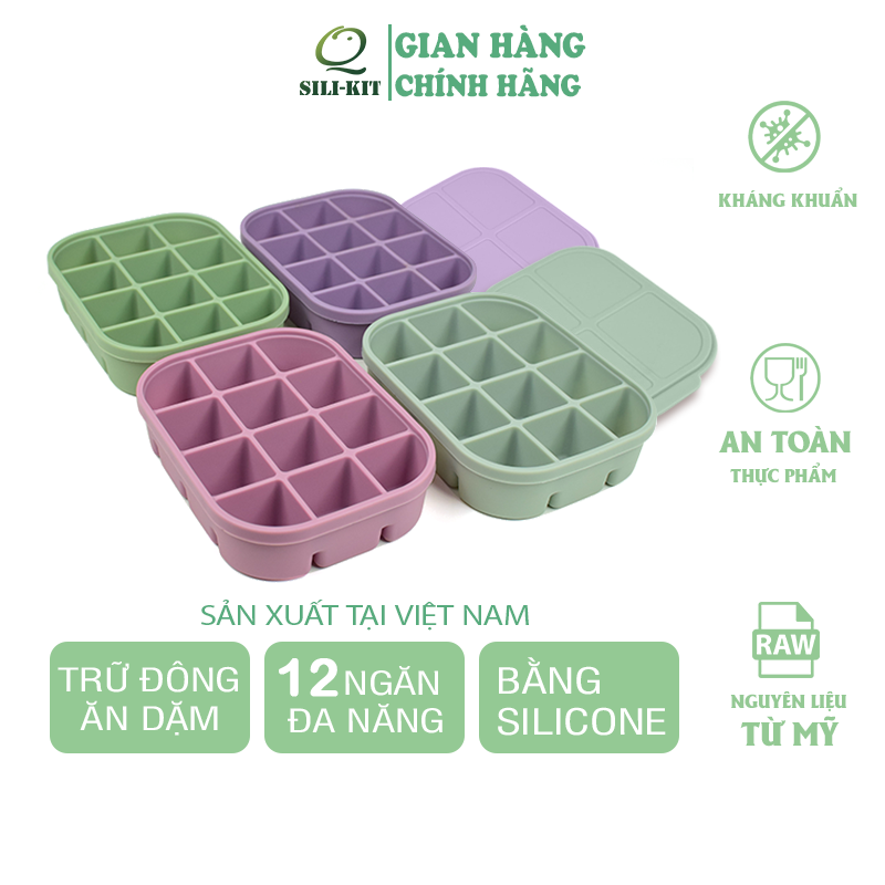 Khay đa năng 12 ngăn silicone SILIKIT có nắp tiện lợi, bảo quản đồ ăn, làm đá, làm bánh trong lò vi sóng, lò nướng