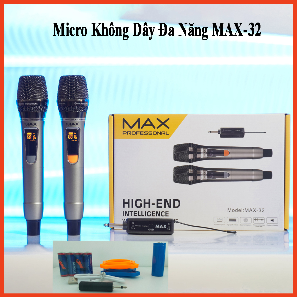 Micro karaoke không dây max 32 - màn hình lcd hiển thị tần số - hút âm tốt, hạn chế hú rít cao - chất liệu hợp kim không thấm nước, không bám bụi, pin sạc dung lượng 1500mah